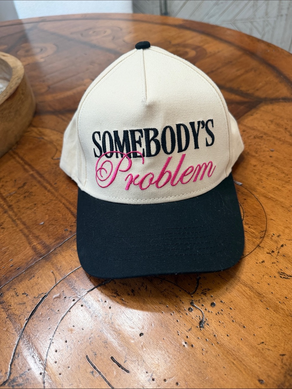 Embroidered 'Somebody's Problem' Baseball Cap - Cream & Black with Pink Script